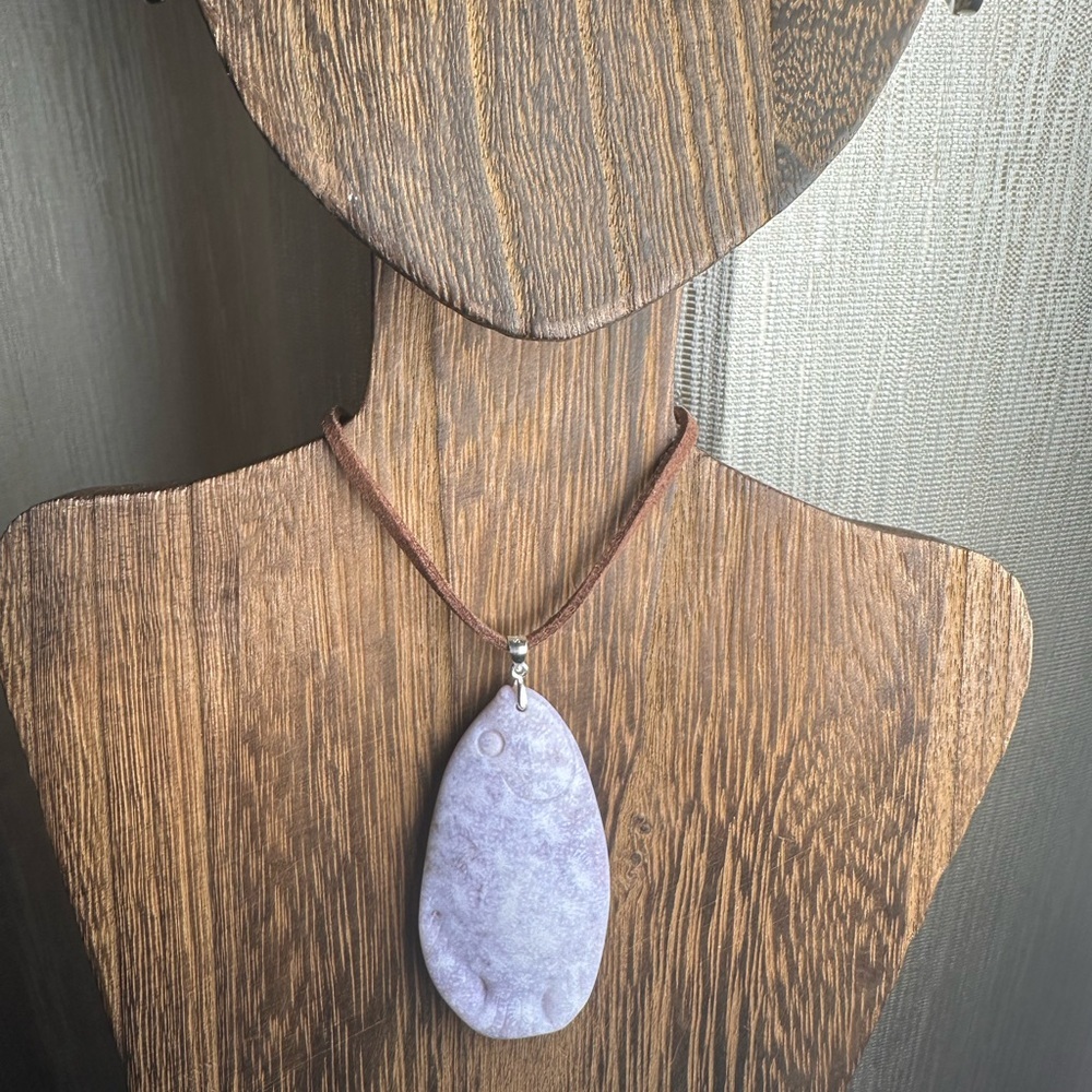 Ice Purple Coral Fossil Jade Fish Pendant Necklace on Brown Faux Suede - Picture 4 of 16